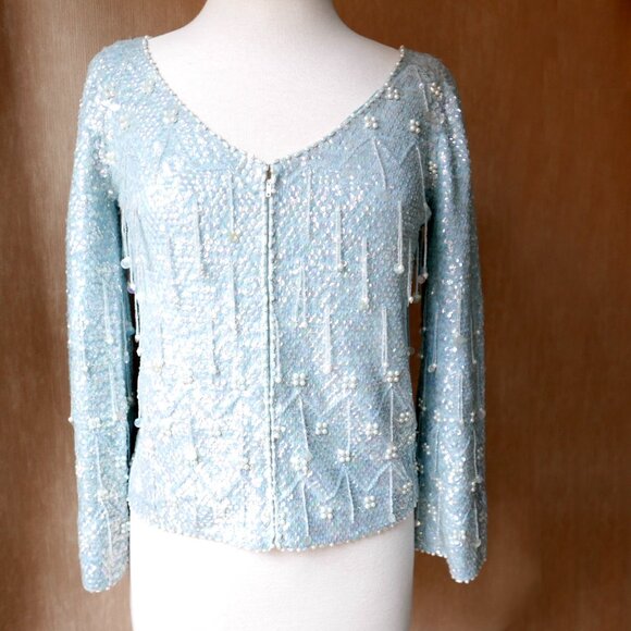 Light Blue Beaded Sequin Cardigan Sweater Top - Picture 1 of 10